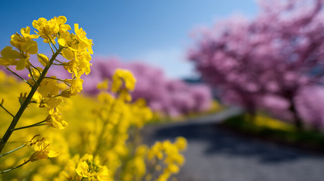 Vibrant Yellow Field Mustard Flowers Blossom Under Clear Blue Sky with Soft Pink Trees in Background, Nature's Spring Beauty