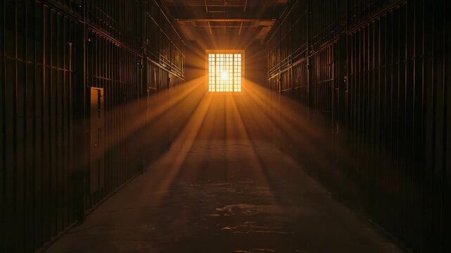 Dark prison corridor with barred window, golden sunlight beams, shadowy metal cells and dramatic detention facility atmosphere