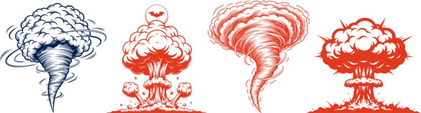 Explosion tornado and atomic bomb blast effect set cartoon style.