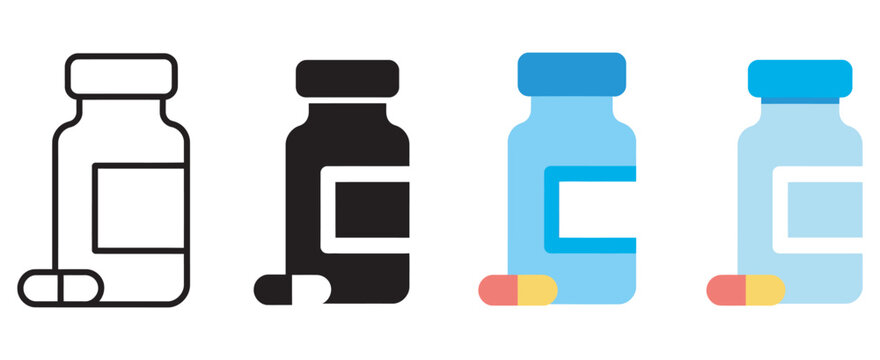 Medicine bottle icon set, medicine bottle and capsule icons for healthcare pharmacy and medical prescription concept, drug treatment and healthcare packaging vector illustration.