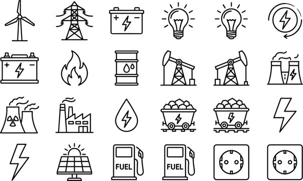 Energy and power icons set with electricity generation battery fuel renewable sources and industrial utilities outline symbols collection