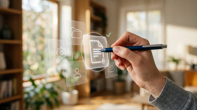 Business professional managing digital documents with virtual interface, signing and organizing files in paperless workflow, representing document management, data organization, cloud storage, and mod