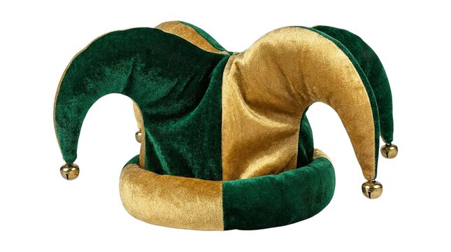 Green and gold jester hat isolated on white background carnival costume playful entertainment festive accessory
