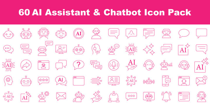 AI Assistant and Chatbot Outline Icon Pack &ndash; Robot, Chat Bubble, Neural Network Vector Icons for Business Technology Marketing Web Design. AI Search Chatbot Icon Set, Artificial Intelligence Tools