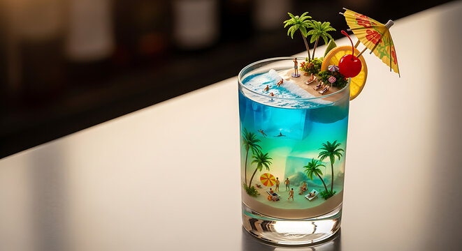 Tropical beach paradise inside cocktail glass with palm trees mini vacation scene