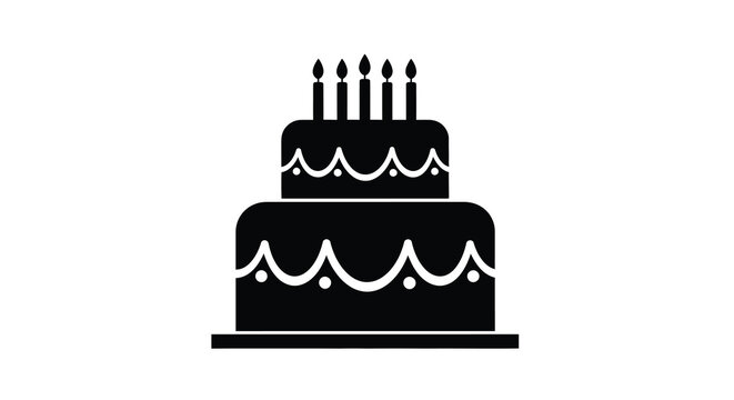 Two tier birthday cake silhouette with candles on white background