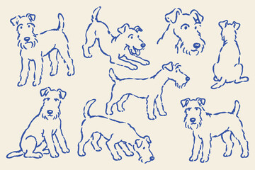 Naklejka na ściany i meble Terrier Dogs Poses Blue Ink Sketch Set Vector