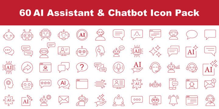 AI Assistant and Chatbot Outline Icon Pack &ndash; Robot, Chat Bubble, Neural Network Vector Icons for Business Technology Marketing Web Design. AI Search Chatbot Icon Set, Artificial Intelligence Tools