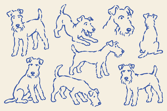 Terrier Dogs Poses Blue Ink Sketch Set Vector