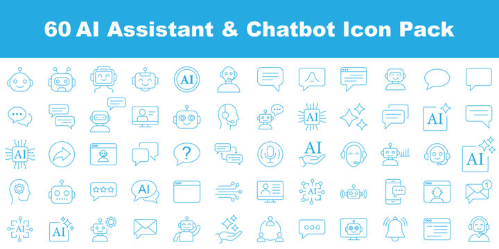 Machine Learning and AI Robot Line Icon Set &ndash; Chatbot, Virtual Assistant, Smart Technology Outline Vector Icons for Futuristic App UI Design. Generative AI line icon set. artificial intelligence robot