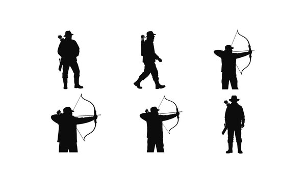 Archer silhouettes collection in various poses for hunting sports and recreational games.