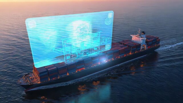 Cargo ship sailing across ocean with giant glowing digital screen, global logistics data display and smart maritime technology concept