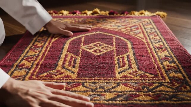 Muslim Man Placing Hands On Red And Gold Patterned Prayer Rug On Dark Wooden Floor Indoors