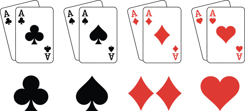 Playing card gambling symbols, illustration, classic card suits spade club heart and diamond icons for casino betting poker and game design.