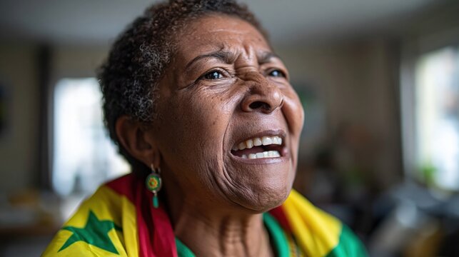 Middle aged woman cheering wrapped in Senegal flag in modern living room