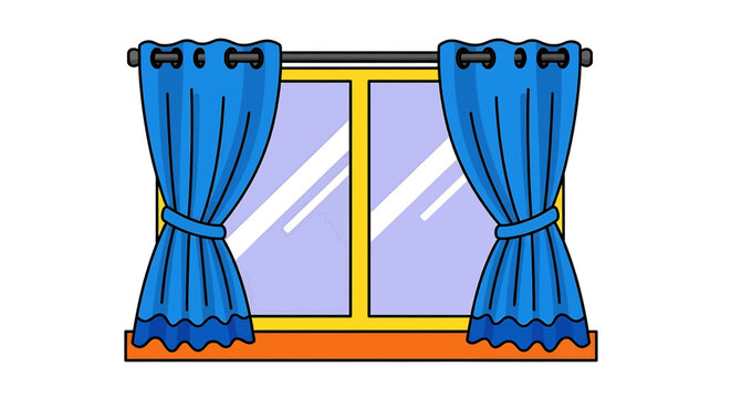 Window with blue curtains on a yellow frame