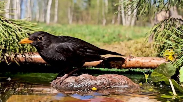 male blackbird at a forest watering hole.