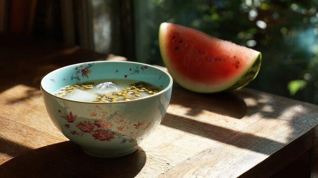 Refreshing drink with ice and pumpkin seeds in a floral bowl next to a vibrant watermelon slice on a sunlit wooden table with blurred green background
