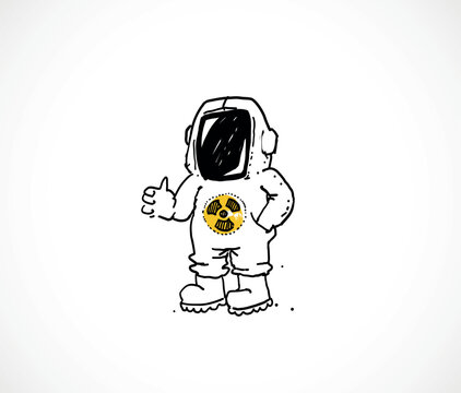 Cute hand-drawn character in white hazmat suit with radiation symbol showing thumbs up. Funny doodle vector illustration for nuclear safety, emergency preparedness and survival themed design.