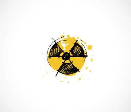 Hand-drawn radioactive symbol with yellow watercolor splash and black hatching. Bold doodle vector icon for nuclear warning, radiation hazard, atomic energy and danger themed design and print.