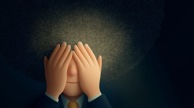 Embrace of Uncertain: A person's hands cover their eyes against a backdrop of shadowed uncertainty, the gesture suggests the fear and unease. The scene is full of visual metaphors