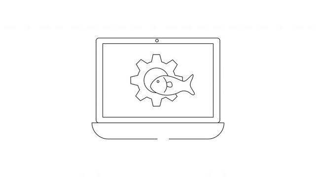 Simple Line Art Laptop Displaying Fish and Gear Icon.