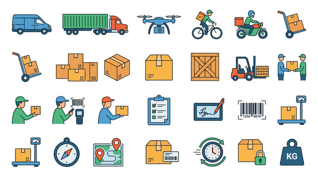 Set of logistics and delivery service icons in flat line style.