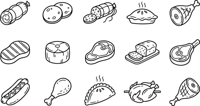 Meat and deli food icons set with steak sausage ham poultry pie and protein products outline collection