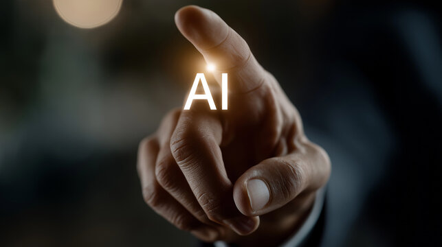 The Future's Touch: A close-up shot of a hand, its fingertip illuminated with the glowing word AI, symbolizing the dawn of Artificial Intelligence and its profound influence.