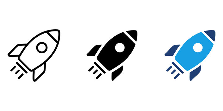 Rocket icon launching upward. Startup launch and business growth symbol for innovation, project development, acceleration, strategy, marketing and successful progress.