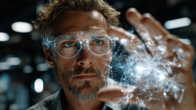 Visionary Innovation: An artistic portrayal of a person immersed in a cutting-edge technological innovation, showcasing a world of possibilities.