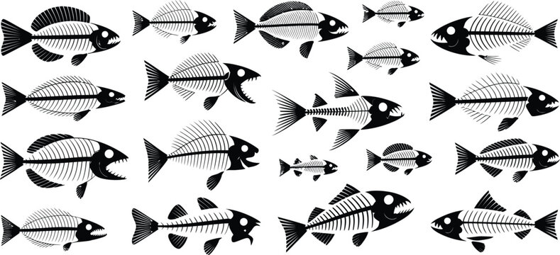 Collection of black and white fish skeleton silhouettes, various species of predatory fish bones with sharp teeth and fins, isolated on a white background, set