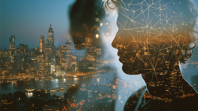 Urban Mindscape: A visual representation of the intersection between human thought and the urban landscape. The silhouette of a head is superimposed with a network of connections.
