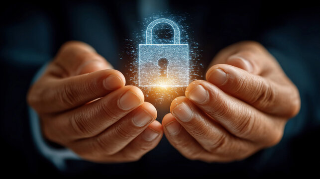 Digital Guardian: Human hands cradle a glowing digital padlock, symbolizing secure protection.