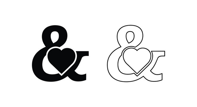Ampersand with heart shape black and white silhouette high quality professional