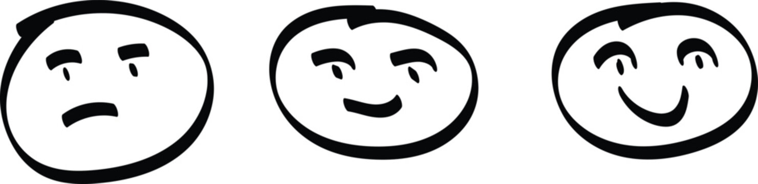 Hand drawn doodle faces showing different emotions from sad to neutral to happy isolated on white background.