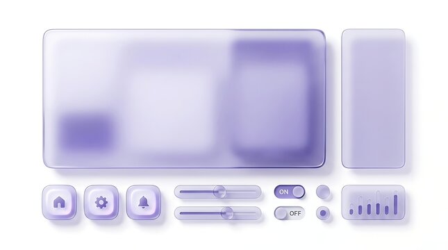 Frosted glass style user interface UI elements kit in translucent purple on white background