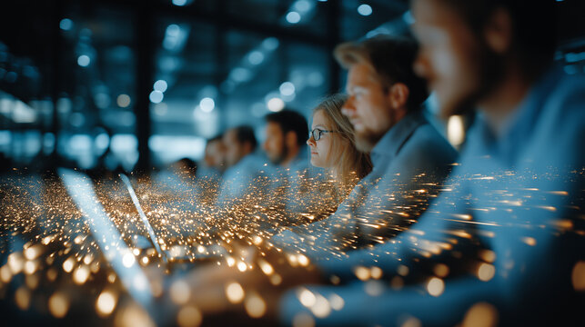 Innovation Sparks: A group of focused individual engineers are hard at work at a high-tech modern workstation, surrounded by glowing sparks of light suggesting constant innovation and intense work.