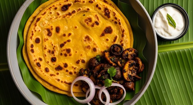 South indian uttapam with vegetable curry and yogurt served on banana leaf