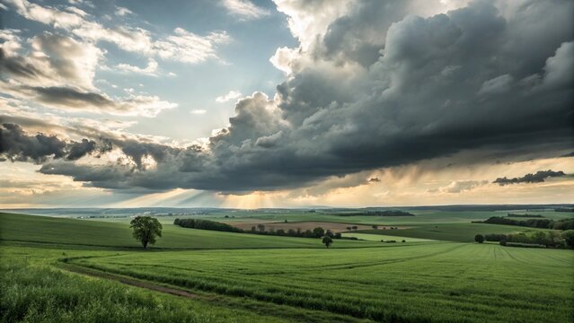 Beautiful green countryside landscape with cloudy stormy sky and trees  serene rural scenery