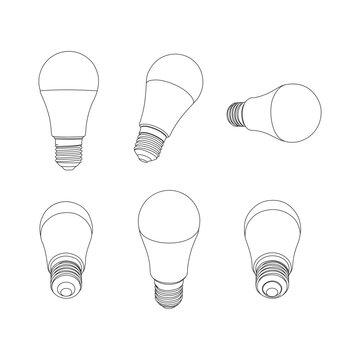 Set of six LED light bulb line art illustrations from various angles. Minimalist vector sketches of screw base bulbs, perfect for icons, technical manuals, and creative designs.