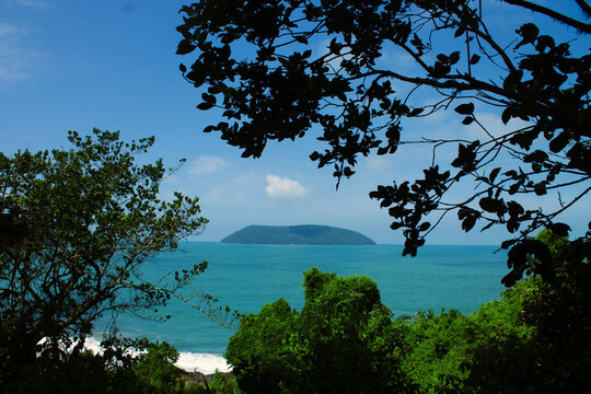 Paisagem de um mar azul com uma ilha no meio, moldura natural de galhos e folhas verdes e natureza exuberante