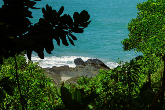 Vista de cima de uma costa tropical, com mar azul-esverdeado batendo em rochas. A cena &eacute; enquadrada por folhagens densas e escuras em primeiro plano, criando contraste com a luz e a &aacute;gua ao fundo.
