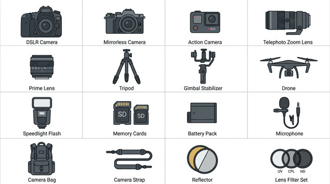 Set of professional photography equipment icons and camera gear accessories.