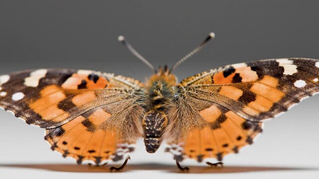Painted Lady Butterfly With Orange And Black Wings Flapping On White Background Macro Animation