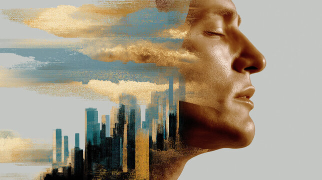 Inner Reflection: A portrait merges a tranquil human face with cityscape and sky elements, evoking contemplation, dreams, and the relationship between the self and the environment.