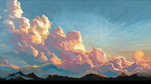 Cloudscape Canvas: A breathtaking cloudscape painting, with fluffy cumulus clouds kissed by the warm glow of the sun, creating a mesmerizing spectacle of natural beauty and tranquility.