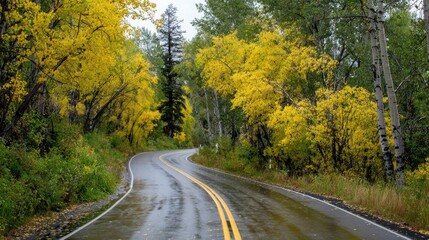 Fototapeta premium Winding paved roadway curves through a vibrant forest displaying peak autumn foliage colors