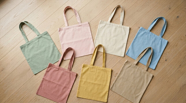 A collection of seven colorful tote bags arranged on a wooden floor, showcasing a variety of pastel shades for a chic and eco-friendly look.
