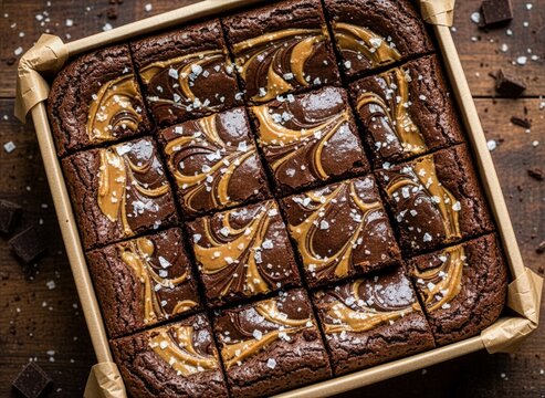 A brownie box filled with dense, moist brownie pieces with visible streaks of peanut butter and bits of sea salt